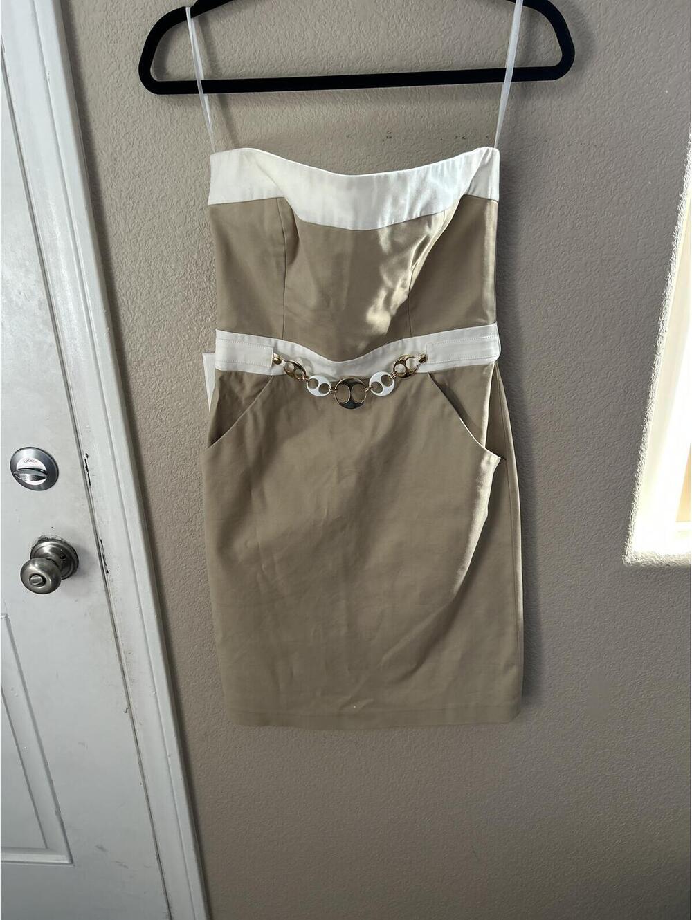 Milly Beige and White Strapless Dress with Gold Accent Belt Size 6
